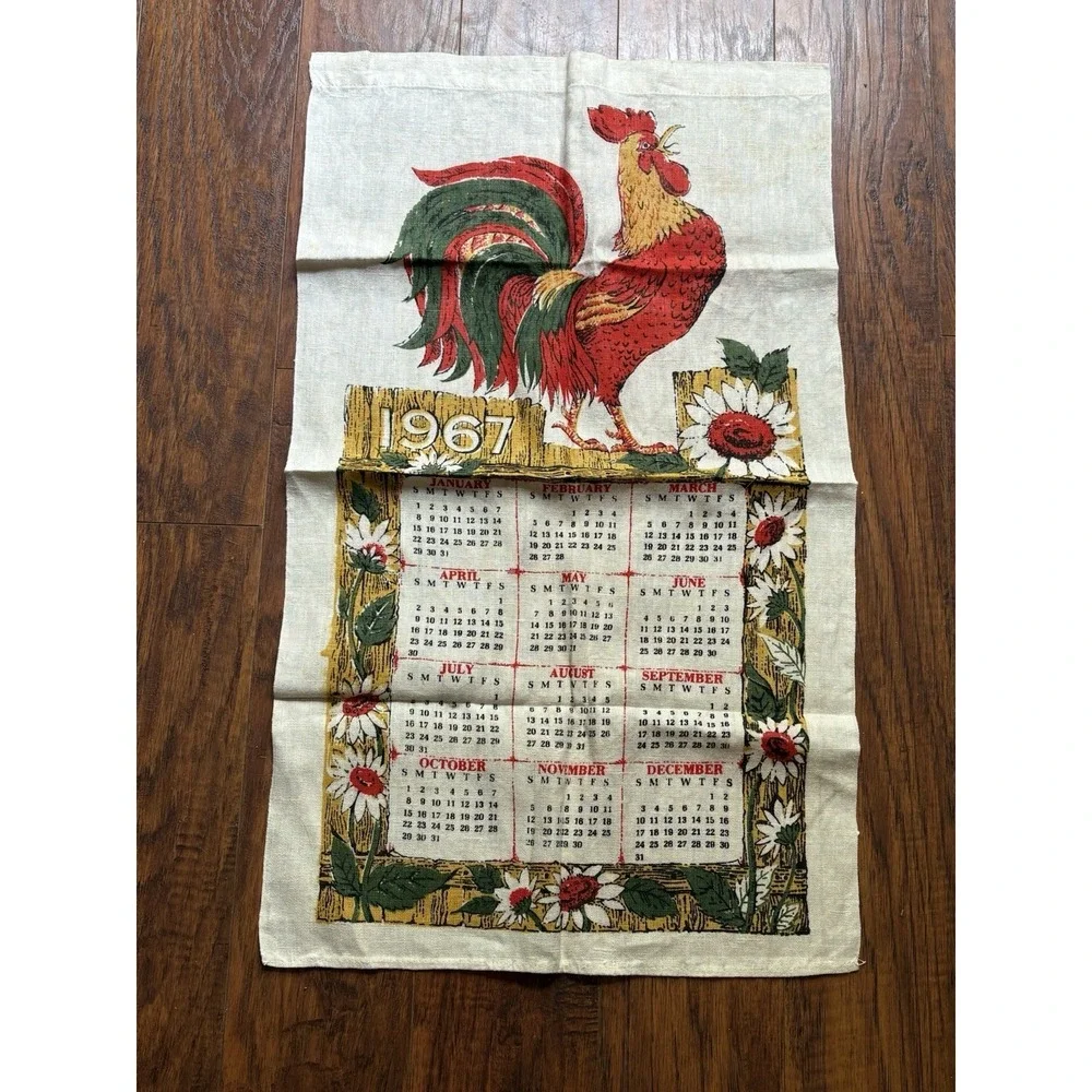 Vintage 1967 Calendar Tea Towel Colorful Rooster Flowers Tan Linen Kitchen 16x27